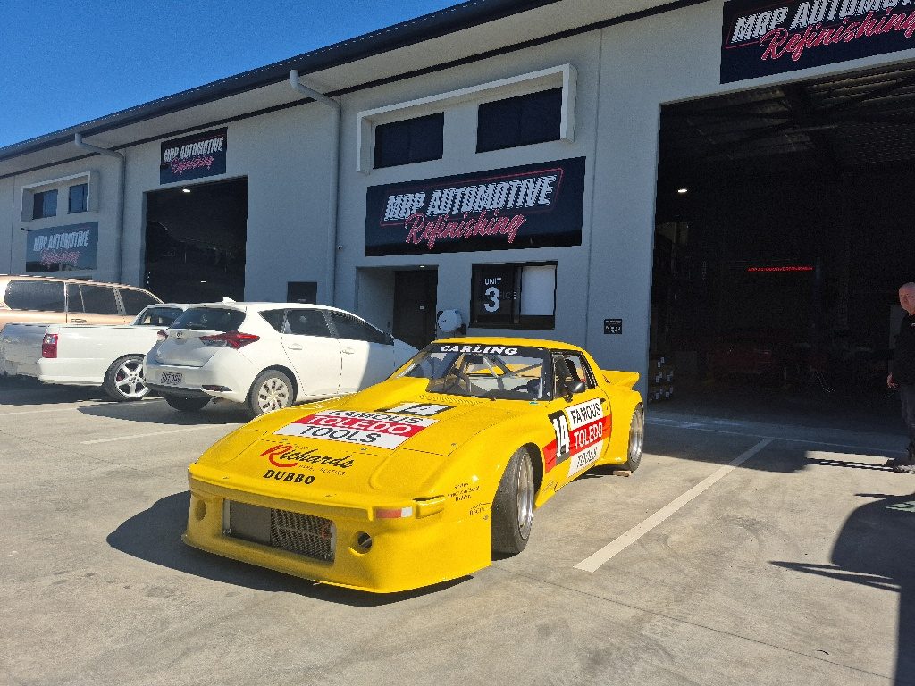 Completed RX-7 race car outside the MRP Automotive Refinishing workshop in Redland Bay